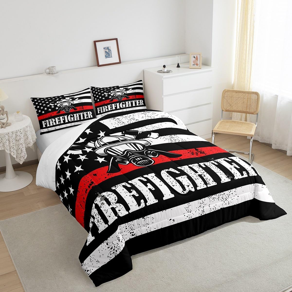 Firefighter Bedding Set Firefighter Helmet American Flag Duvet Covers Black White Unique Gift