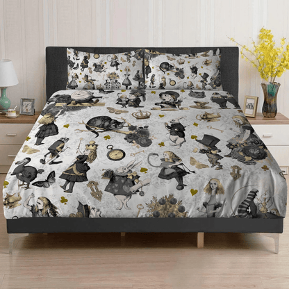 Alice In Wonderland Bedding Set Vintage Alice And Characters Pattern Duvet Covers Gray Unique Gift