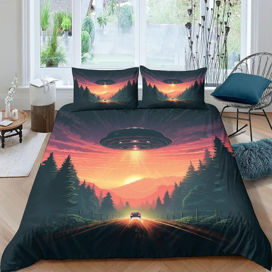 UFO Bedding Set UFO With Car On The Road Duvet Covers Black Orange Unique Gift