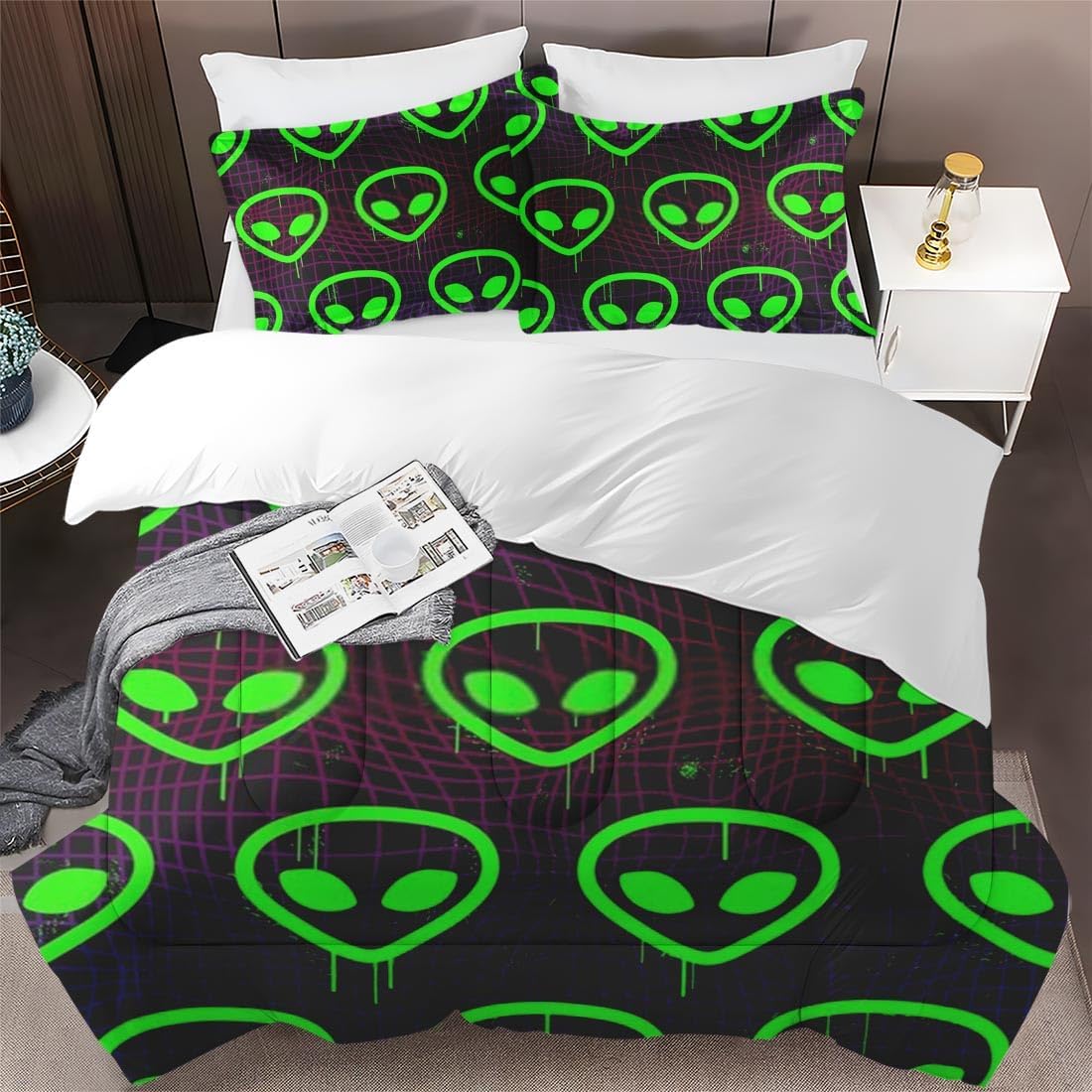 Alien Bedding Set Alien Space Retro Geometric Duvet Covers Black Green Unique Gift