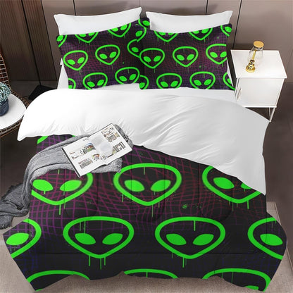 Alien Bedding Set Alien Space Retro Geometric Duvet Covers Black Green Unique Gift