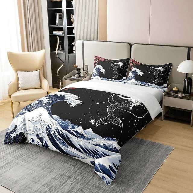 Mermaid Bedding Set Mermaid And The Great Wave Duvet Covers Black Blue Unique Gift