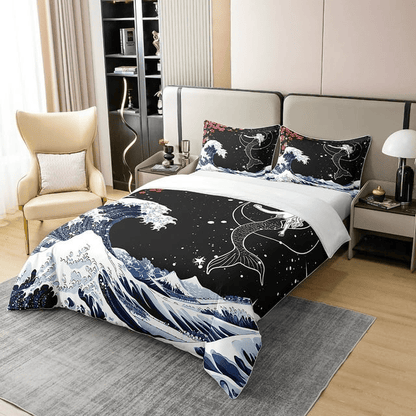 Mermaid Bedding Set Mermaid And The Great Wave Duvet Covers Black Blue Unique Gift