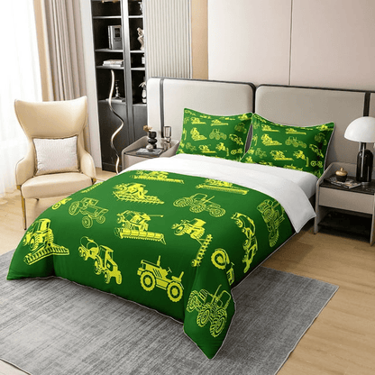 Farmer Bedding Set Farming Equipment Vehicle Pattern Duvet Covers Green Unique Gift