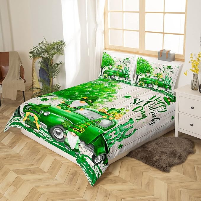 St Patrick Day Bedding Set Happy St Patrick Day Truck Gnome Graphic Duvet Covers Green Unique Gift