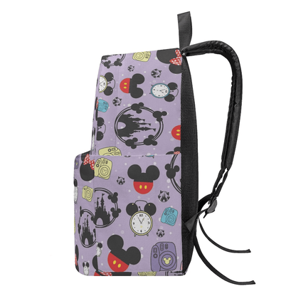 DN Backpack Castle Silhouette Mouse Ears Clocks Pattern Backpacks Purple