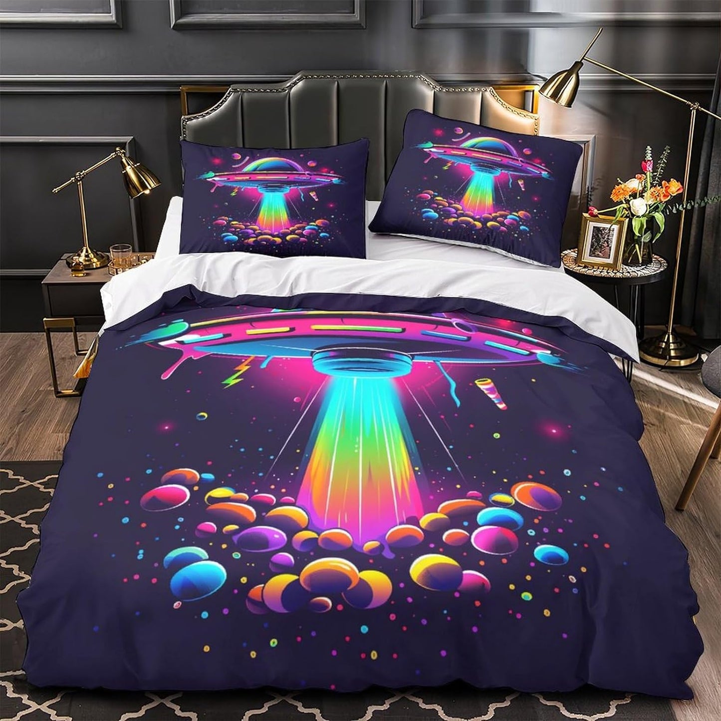 UFO Bedding Set UFO Flies In Space Neon Light Duvet Covers Colorful Unique Gift