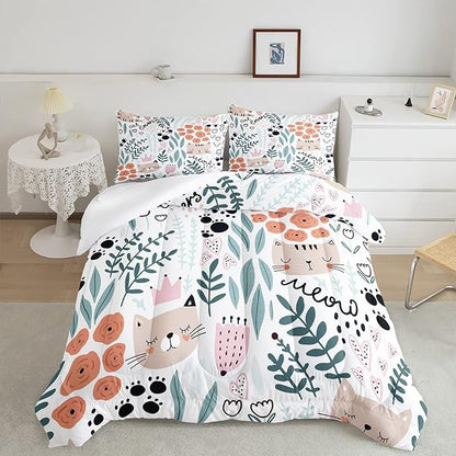 Cat Bedding Set Meow Cat Flower And Leaves Pattern Duvet Covers White Unique Gift