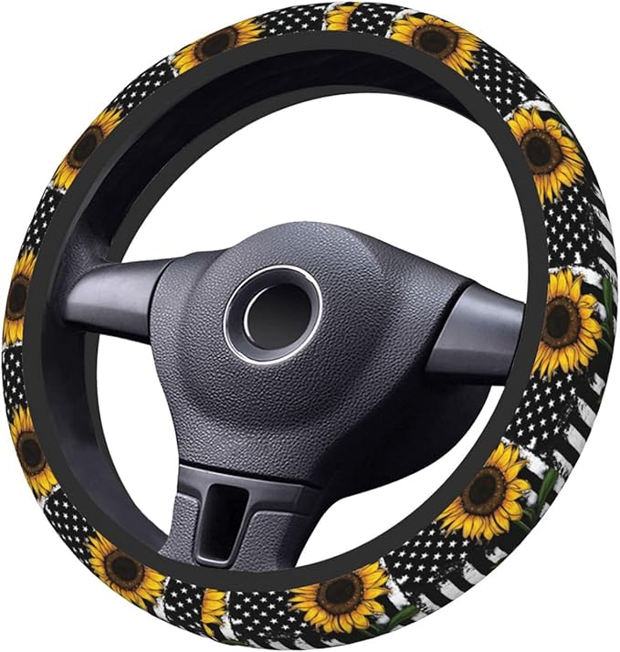 Sunflower Steering Wheel Cover Sunflower With American Flag Pattern Driving Wheel Cover Black Yellow