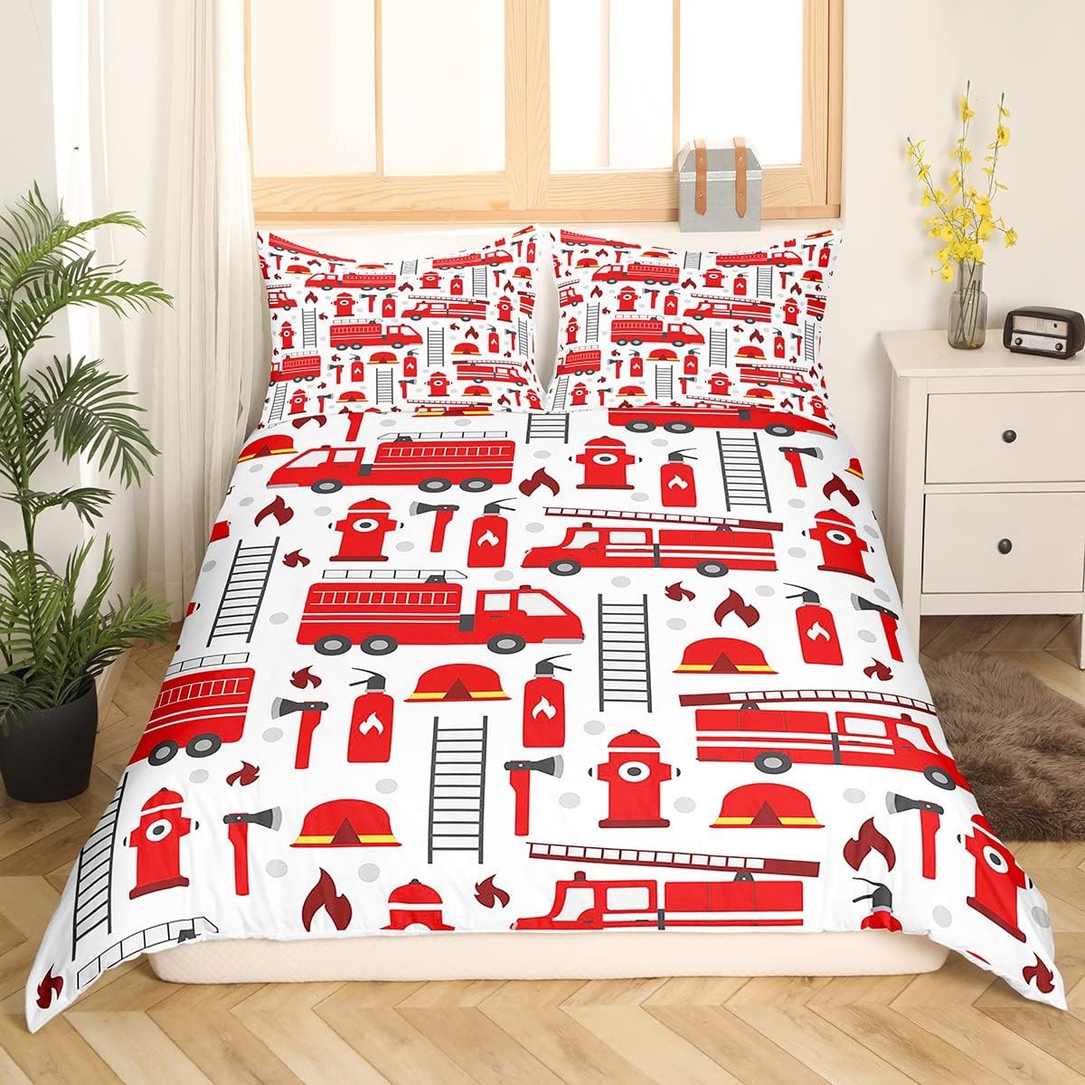 Firefighter Bedding Set Fire Truck Helmet Ladder Fire Extinguisher Pattern Duvet Covers White Red Unique Gift