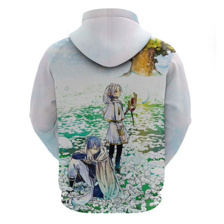 Frieren Beyond Journey’s End Hoodie Frieren And Himmerl On Flower Field Hoodie White Blue Unisex