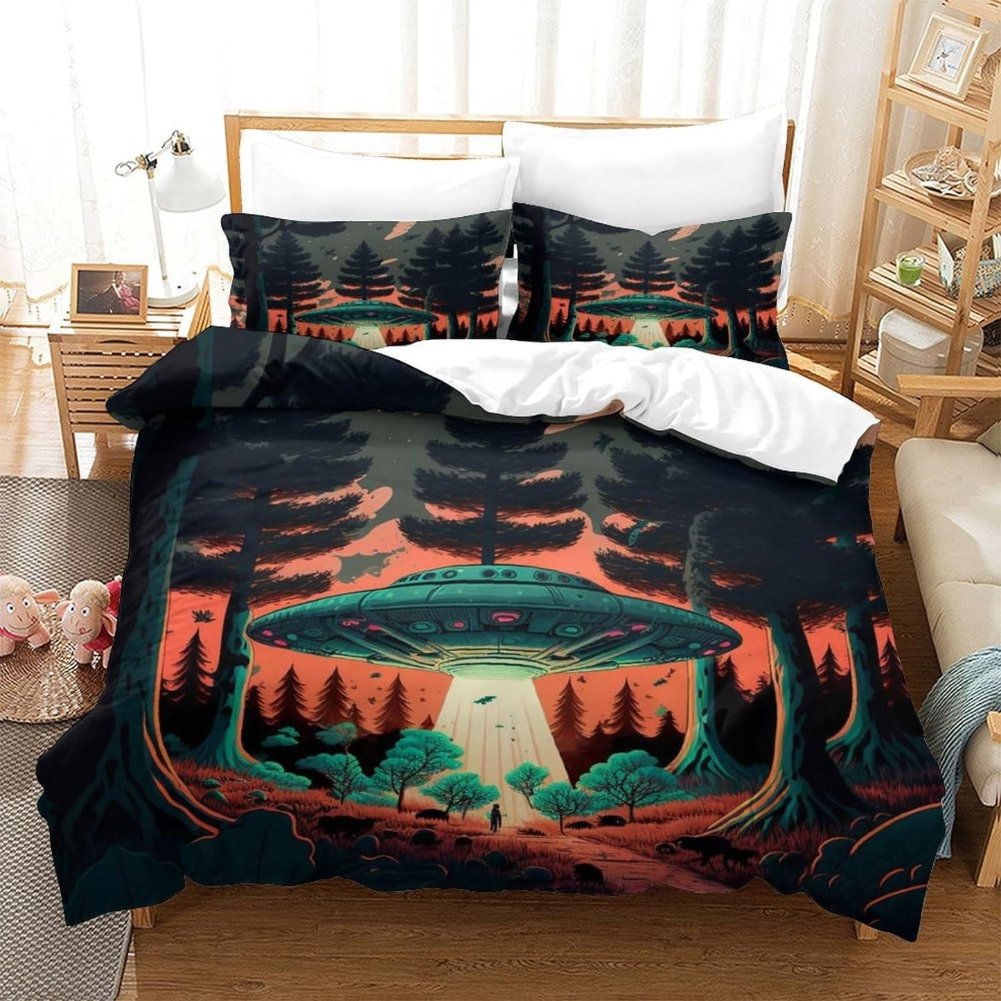 UFO Bedding Set UFO Kidnap Animal In Forest Duvet Covers Colorful Unique Gift