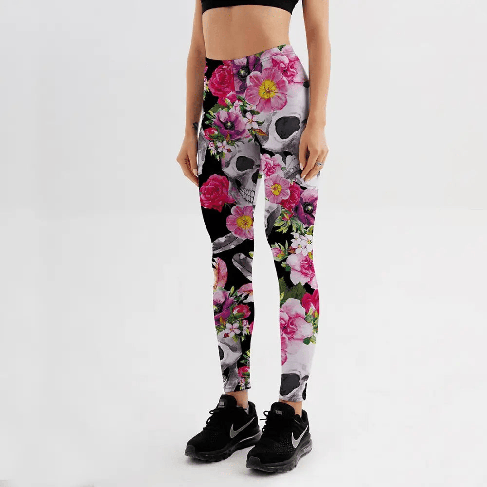 Skull Leggings Skull And All Type Of Flower High Waisted Legging Pink Black For Women