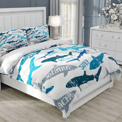 Shark Bedding Set Wave Surf Shark Silhouette Pattern Duvet Covers White Blue Unique Gift