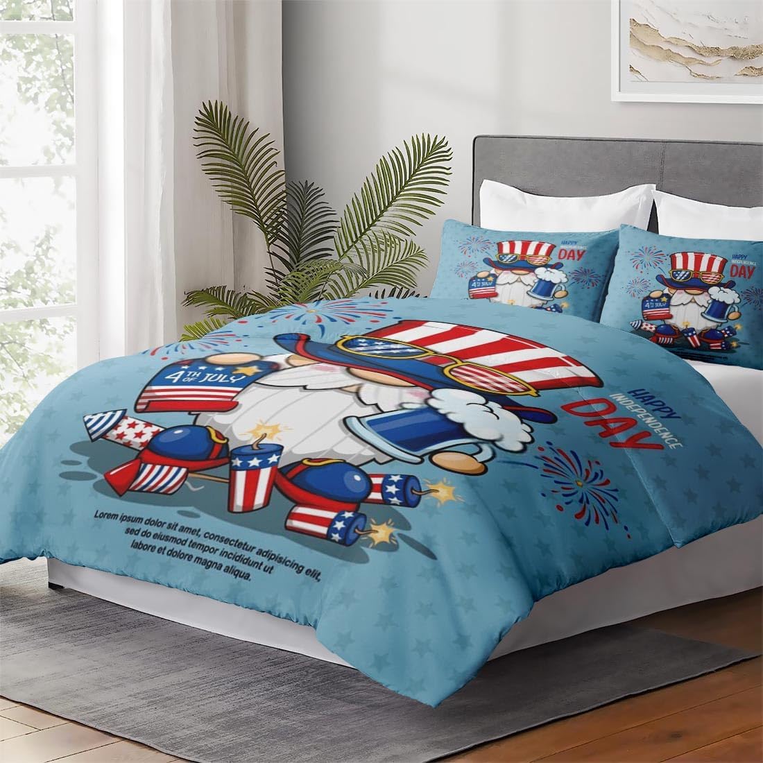 4th of July Bedding Set 4Th of July Happy Cute America Gnome Duvet Covers Blue Red Unique Gift