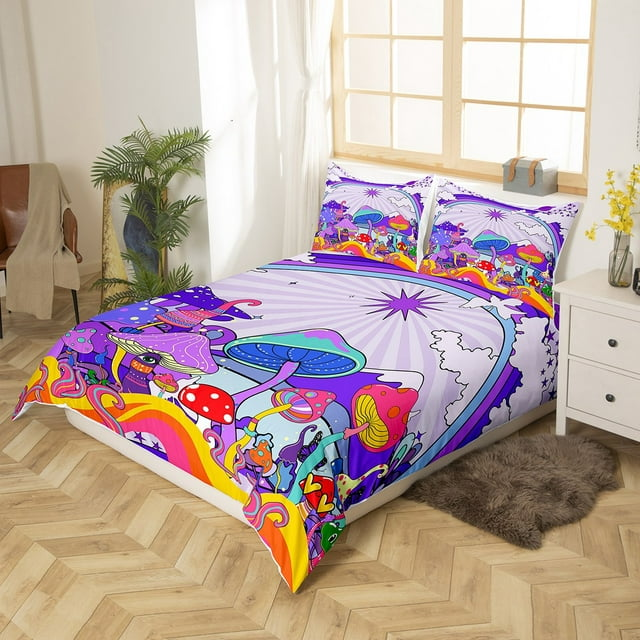 Mushroom Bedding Set Fantasy Fungus Mushroom Pattern Duvet Covers Colorful Unique Gift