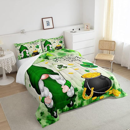 St Patrick Day Bedding Set Happy St Patrick Day Gnome Coin Caulron Duvet Covers Green Unique Gift