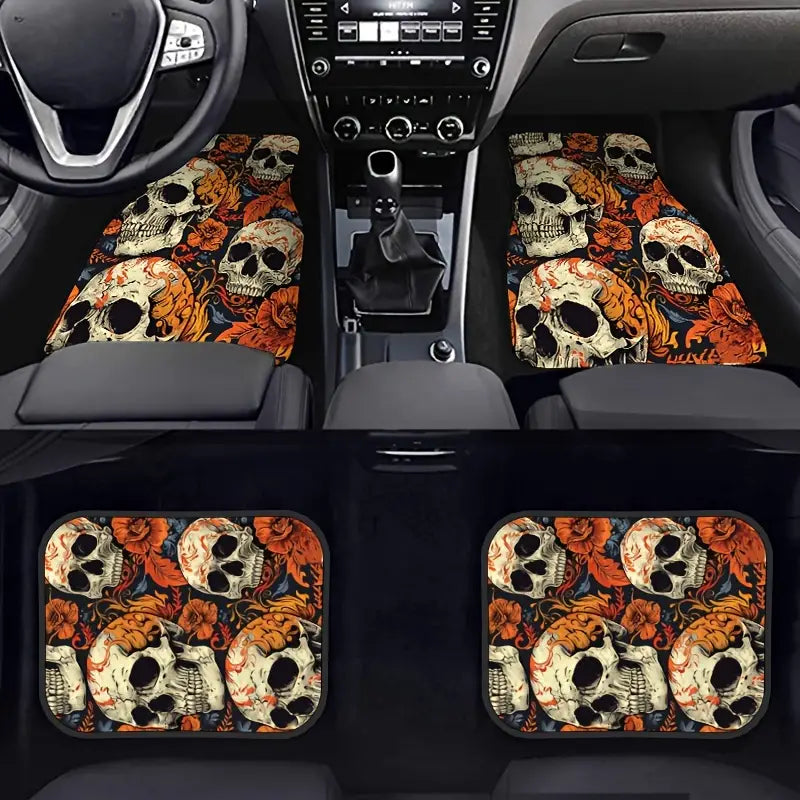 Halloween Car Mats Halloween Skull With Flower Pattern Car Floor Mats White Orange