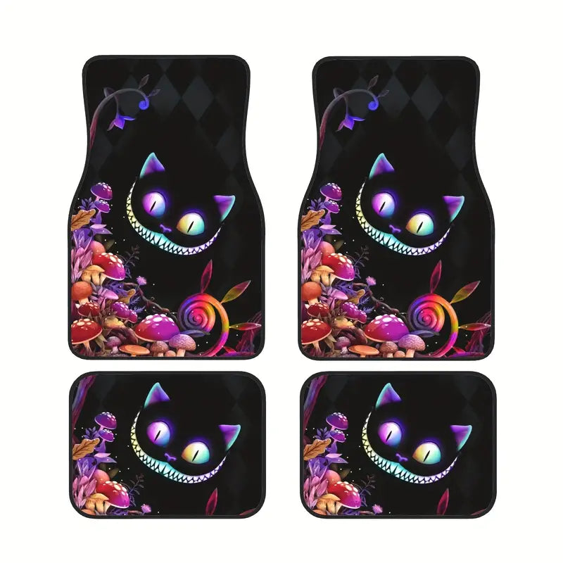 Alice In Wonderland Car Mats Cheshire Flower And Mushroom Car Floor Mats Black Orange