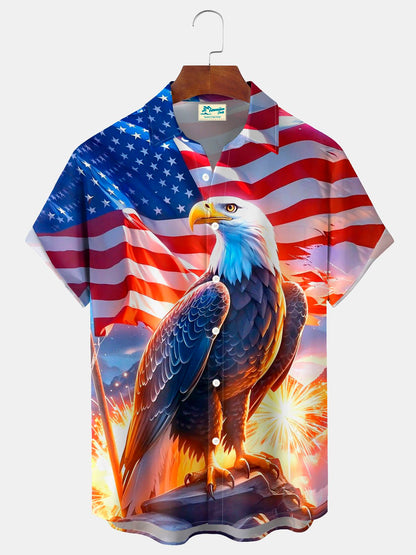 Alohadaddy®  Retro Flag Bald Eagle Print Men's Button-Down Pocket Short-Sleeve Shirt Big & Tall