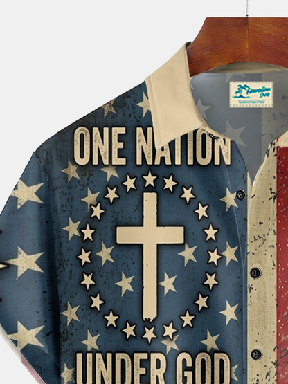 Alohadaddy® Men's Holiday Patriotic One Nation Under God 250th Anniversary 1776-2026 Christian Cross Retro Print Button Down Short-Sleeve Big & Tall
