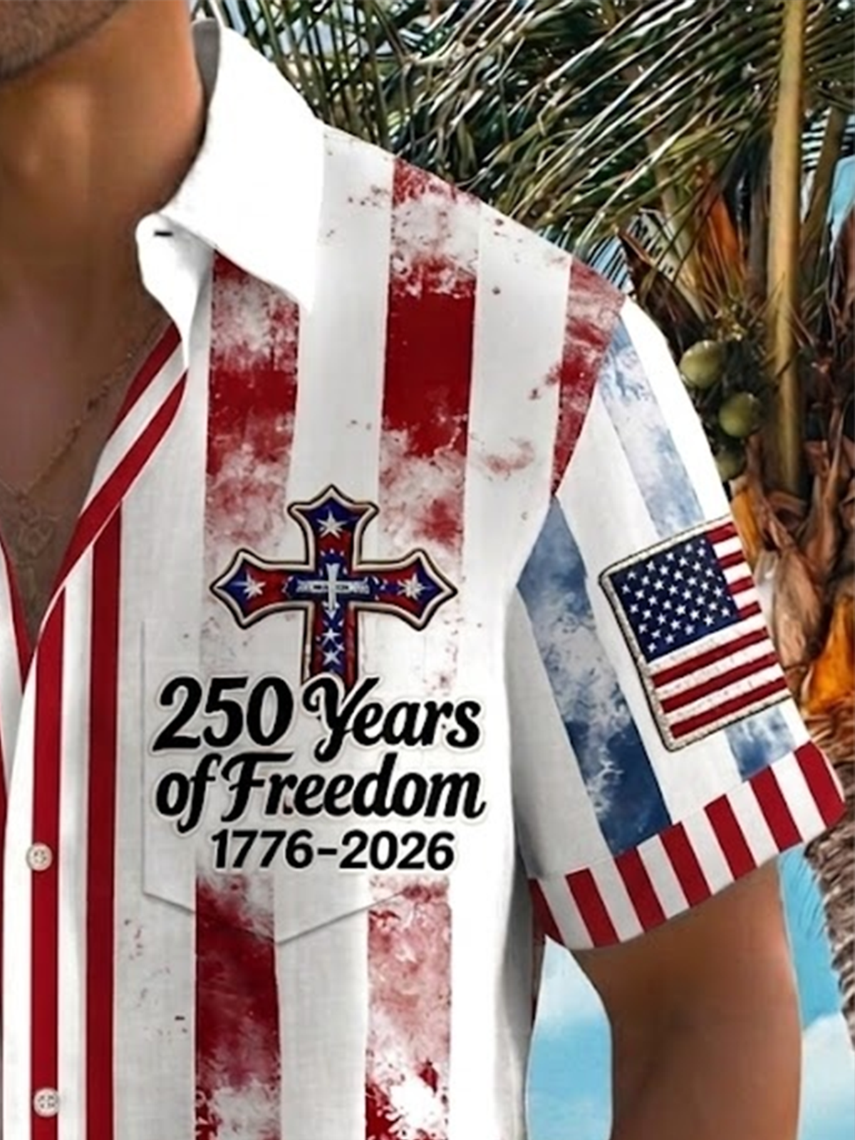 Alohadaddy® Men's Holiday Patriotic 250 Years of Freedom 1776-2026 Christian Cross Stars Stripes Retro Print Button Down Short-Sleeve Big & Tall