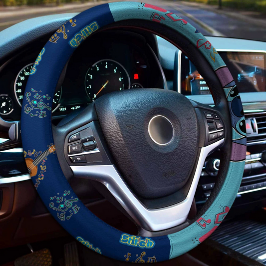 Stitch Steering Wheel Cover Stitch Singing Guitar Pattern Driving Wheel Cover Blue