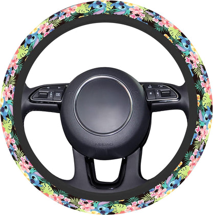 Stitch Steering Wheel Cover Stitch Tropical Flower And Leaves Pattern Driving Wheel Cover Colorful