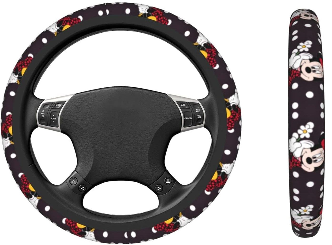 Minnie Steering Wheel Cover Minnie With Flowers Dot Pattern Driving Wheel Cover Black White