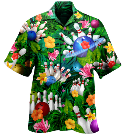 Bowling Hawaii Shirt Bowling Pin Ball Tropical Flower Leaves Hawaiian Shirt Colorful Unisex