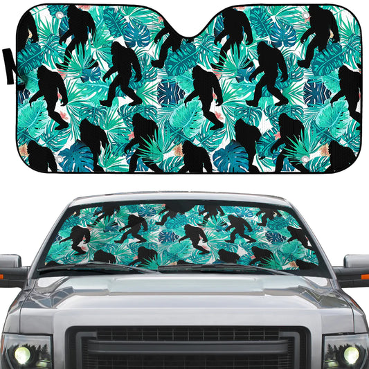 Bigfoot Car Sun Shade Bigfoot Silhouette Tropical Leaves Pattern Winshield Sun Shade Black Green