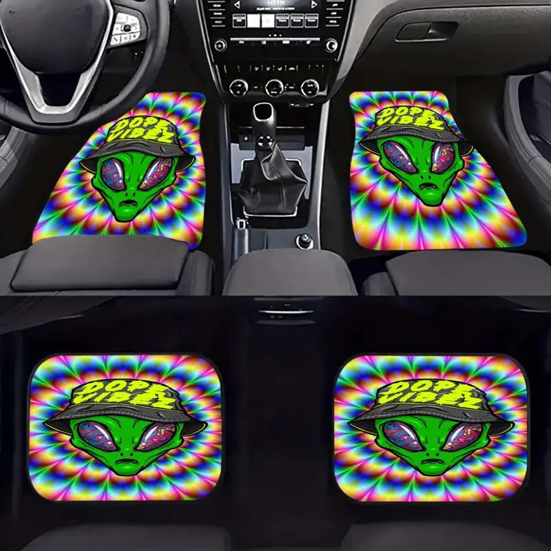 Alien Car Mats Dope Vibes Wearing Hat Alien Tie Dye Pattern Car Floor Mats Colorful