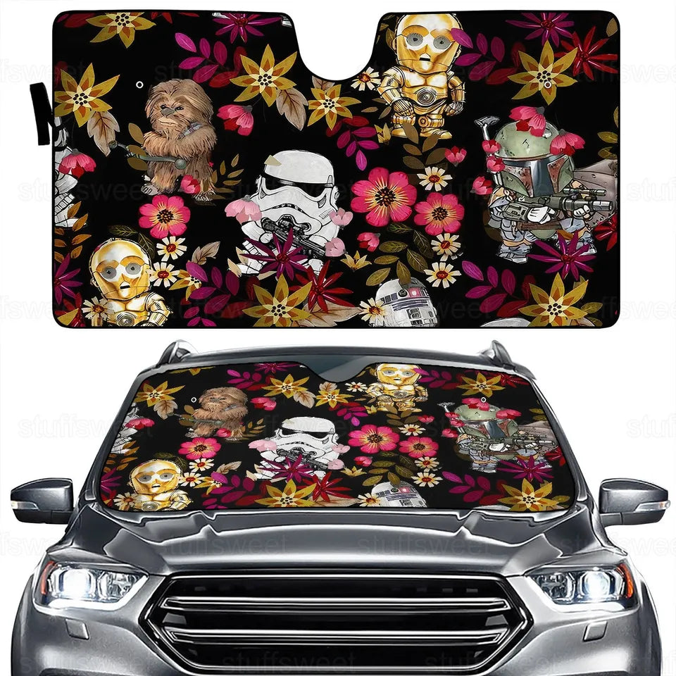 SW Car Sun Shade Stormtrooper Chewbacca Droids Flower Pattern Winshield Sun Shade Red