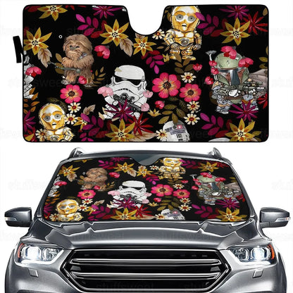 SW Car Sun Shade Stormtrooper Chewbacca Droids Flower Pattern Winshield Sun Shade Red