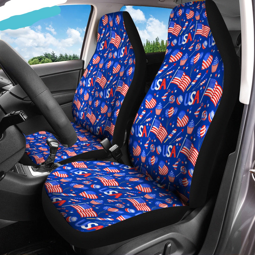 4th Of July Car Seat Covers USA Flag Candies Balloon Pattern Seat Covers Blue