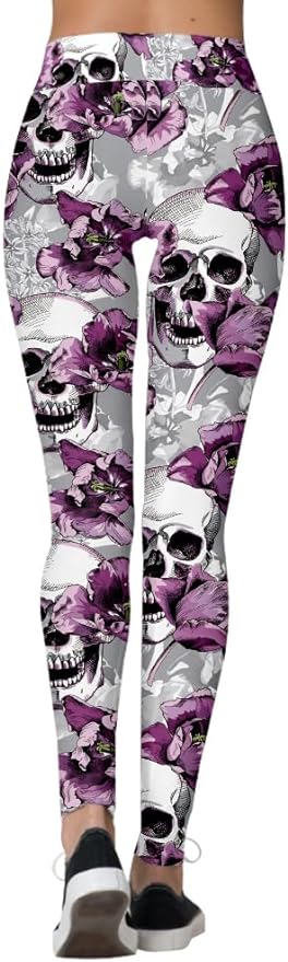 Skull Leggings Scary Skull And Flower Pattern High Waisted Legging Purple Gray For Women