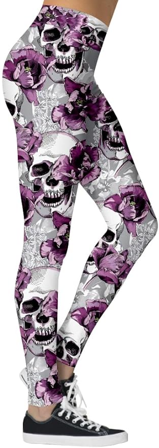 Skull Leggings Scary Skull And Flower Pattern High Waisted Legging Purple Gray For Women