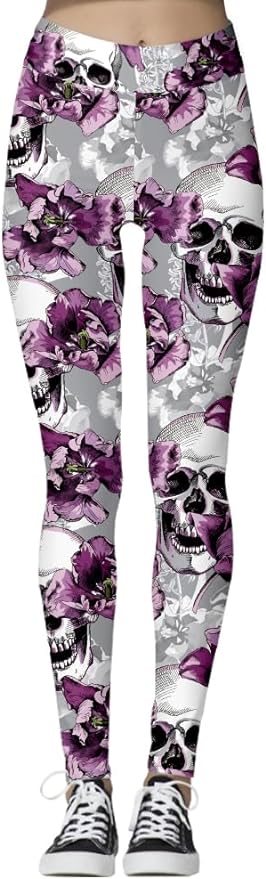 Skull Leggings Scary Skull And Flower Pattern High Waisted Legging Purple Gray For Women