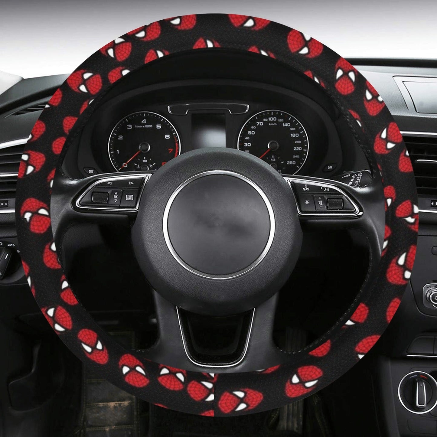 Spiderman Steering Wheel Cover Spiderman Mask Head Pattern Driving Wheel Cover Black Red