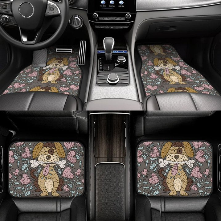 Dog Car Floor Mats Cute Dog With Bone Heart Pattern Pointillism Art Car Mats