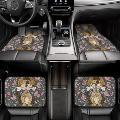 Dog Car Floor Mats Cute Dog With Bone Heart Pattern Pointillism Art Car Mats