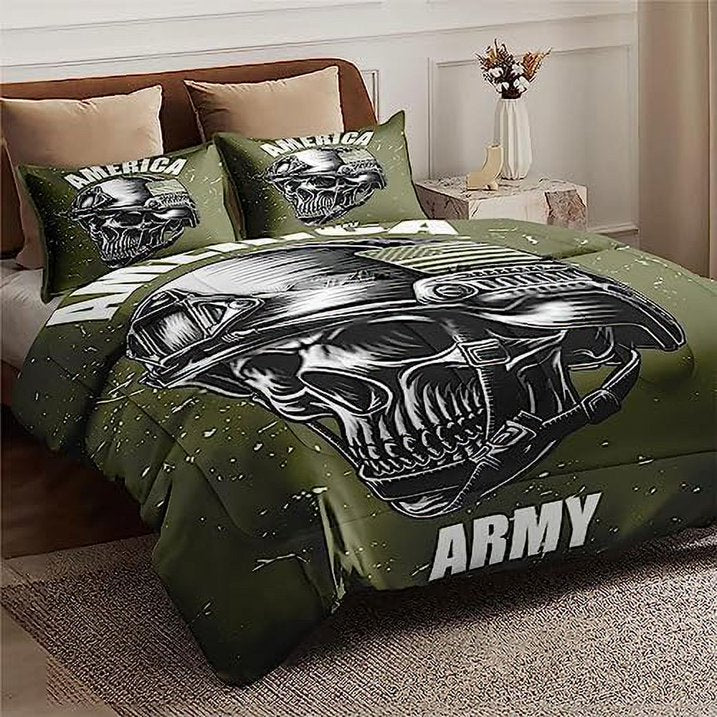 Veteran Bedding Set America Army Skull Graphic Duvet Covers Green Unique Gift