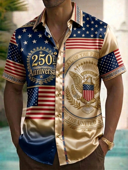Alohadaddy® Men's Holiday American 250th Anniversary Golden Satin Bald Eagle Print Button Down Short-Sleeve Big & Tall