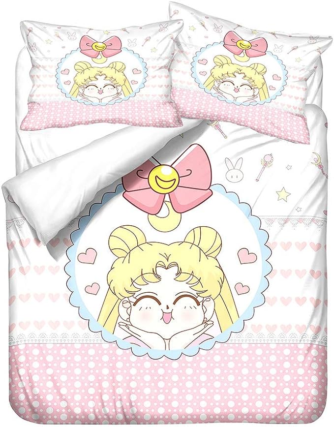 Sailor Moon Bedding Set Cute Sailor Moon Ribbon And Heart Duvet Covers White Pink Unique Gift