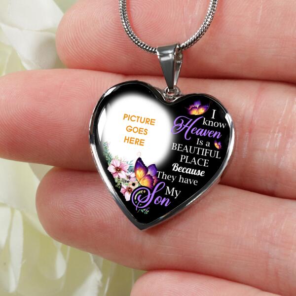 Personalized Memorial Heart Necklace Memorial I Know Heaven Is A Beautiful For Son Custom Memorial Gift M286