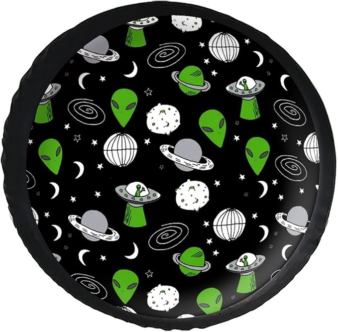 Alien Spare Tire Cover Alien UFO And Planet In Galaxy Pattern Tire Covers Black Green