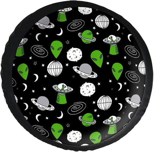 Alien Spare Tire Cover Alien UFO And Planet In Galaxy Pattern Tire Covers Black Green