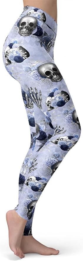 Skull Leggings Flower Skull Hand Bone Pattern High Waisted Legging Blue For Women