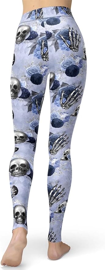 Skull Leggings Flower Skull Hand Bone Pattern High Waisted Legging Blue For Women