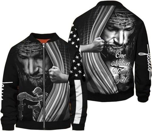 Jesus Bomber Jacket One Nation Under God Bomber Black Unisex